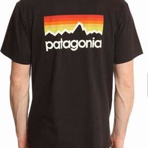 Patagonia Men's‎ Sz L Black Organic Cotton Sunset Mountain Range Logo Tee